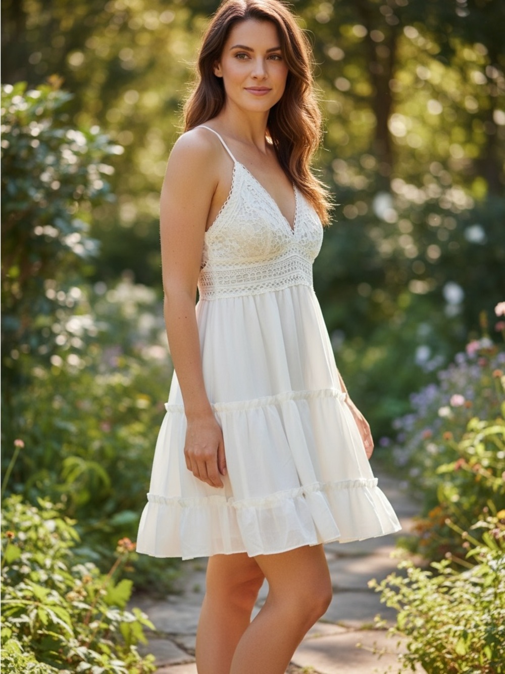 White Lace-Trim Mini Dress with Spaghetti Straps - Picture 3 of 5